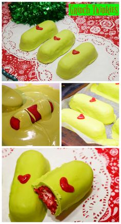 several pictures of different types of food on a white plate with red and green decorations