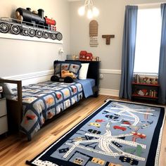 https://hearthandpetals.com/20-awesome-toddler-boy-bedroom-ideas/ Train Bedroom, Train Theme, Train Room