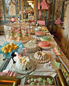 a long table filled with lots of cakes and desserts