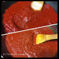 two images show the same sauce being stirred with a wooden spoon