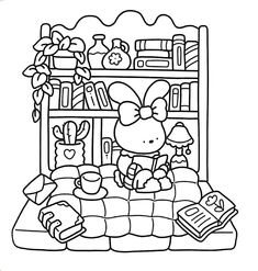 a black and white image of a cartoon mouse sitting on a couch in front of a bookshelf