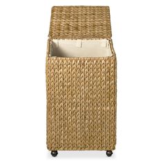 a wicker storage box on wheels with the lid open and an empty bin inside