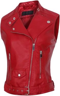 Women's Leather Biker Vest In Red Make a daring statement with this women’s leather biker vest in red. Crafted from genuine sheepskin leather with a semi-aniline finish, it offers a bold and luxurious look. The belted waist and notch collar with snap buttons add classic biker flair, while the zippered closure ensures a sleek fit. With two side zip pockets and one inner pocket, this vest balances practicality with style. Perfect for layering, this red leather vest brings confidence and edge to an Red Waistcoat, Coat Streetwear, Leather Shorts Women, Short Leather Skirts, Leather Biker Vest, Faux Leather Vest, Leather Jumpsuit, Sleeveless Coat, Womens Jackets Casual