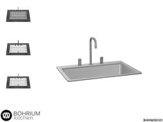 the kitchen sink is shown with four different faucets and three trays below it