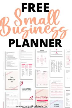 the free small business planner is shown in pink and white with text overlaying it