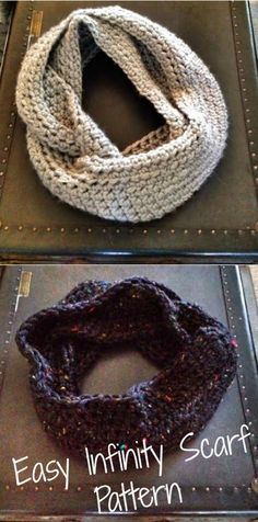 two different ways to crochet scarfs with the words easy infinnty scarf pattern