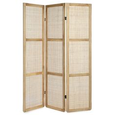 a room divider made out of wood and rattan with two panels on each side