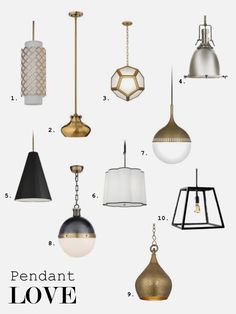 an assortment of pendant lights in various colors and sizes with the words, i love them