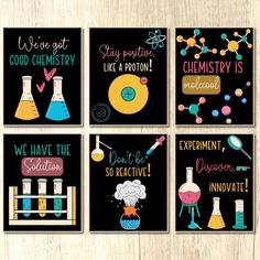 four science themed cards with the words we're got good chemistry like a proton, experiment