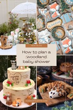 a collage of photos showing different types of baby shower items and food on display