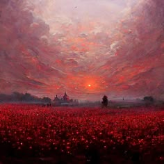 a painting of a sunset over a field with red flowers