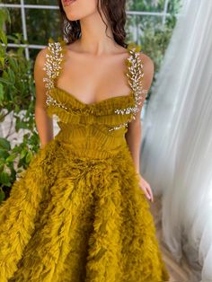 Teuta Matoshi, Mustard Dress, Mustard Dressing, Yellow Outfit, Floor Length Skirt, Golden Glow, Tulle Fabric, Mustard Seed, Ball Gown