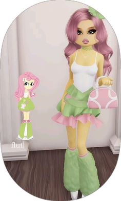 a digital painting of a girl with pink hair holding a purse and standing next to a doll