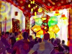 an abstract painting of people dancing in a club or bar with colorful lights and chandeliers