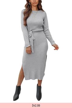 Women Long Sleeve Crew Neck Casual Dress Button Loose Fitting Sweater Fall Winter Tunic Dress