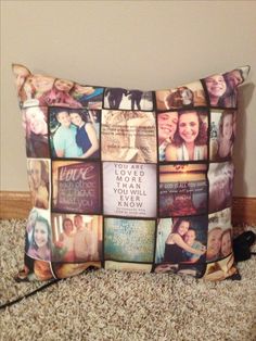 a pillow that has pictures on it