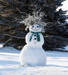 a snowman with a hat and scarf on it's head in the snow