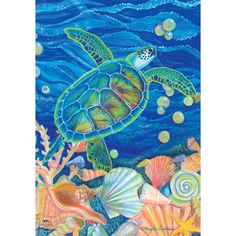 a painting of a turtle swimming in the ocean surrounded by shells and seashells