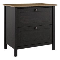 a black nightstand with two drawers and a wood top on the bottom shelf, against a white background