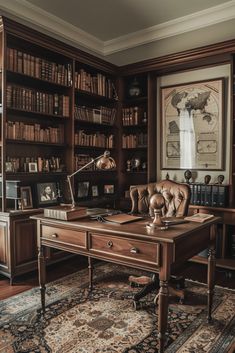 an old fashioned desk and chair in front of a bookshelf