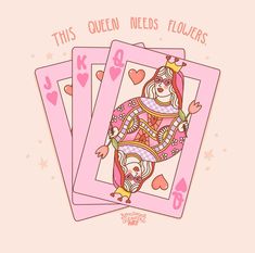 four playing cards with the queen in pink