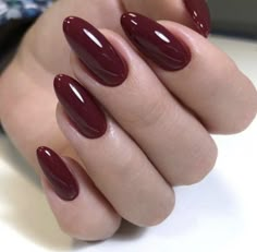 Wine Red Acrylic Nails Almond, Red Nails Ideas Aesthetic, Round Dark Nails, Dark Red Oval Acrylic Nails, Dark Red Nails Almond Shape, Wine Acrylic Nails, Red Nails 2022, Dark Red Oval Nails, Wine Red Almond Nails