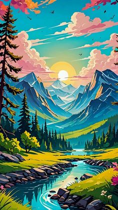 a painting of mountains, trees and a river