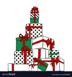 christmas presents stacked on top of each other with red and green bows, polka dot