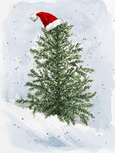 a watercolor painting of a christmas tree with a santa hat on it's head