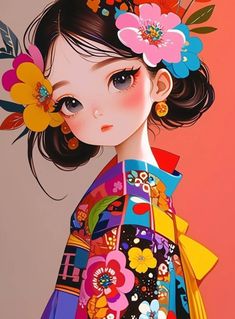 a painting of a woman with flowers in her hair and wearing a colorful kimono