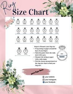 the ring size chart is shown with flowers and greenery around it on a pink background