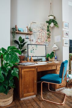 a desk with a computer on top of it next to a plant and potted plants