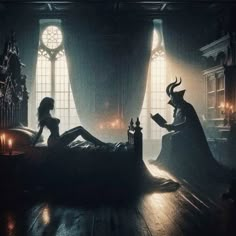 a woman sitting on top of a bed in a dark room next to a demon