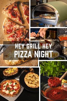 there are many pictures of pizzas being cooked and put on the grill to eat