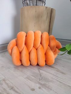 a pile of carrots sitting on top of a wooden floor next to a plant