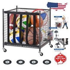 a shopping cart filled with different types of sports balls and basketballs on the wheels