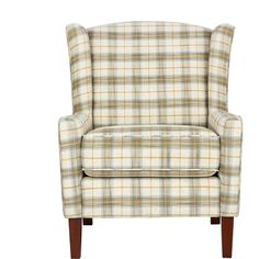 a plaid chair on a white background with a wooden legs and arm rests in the shape of a recliner