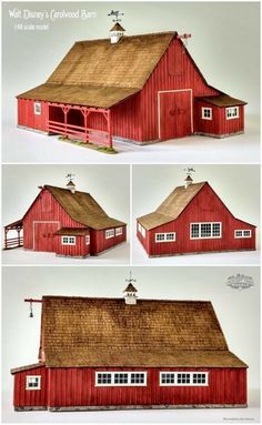 four different views of a red barn