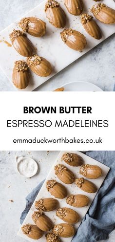 brown butter espresso madelines on a white plate with blue napkins