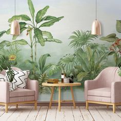 two pink chairs sitting next to each other in front of a wall with plants on it