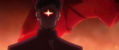 an anime character standing in front of a red background with the light shining on his face