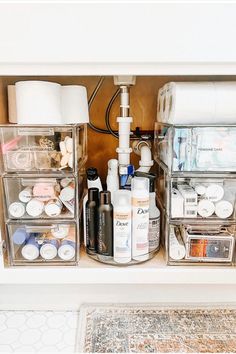 the drawers are organized with clear containers