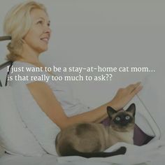 a woman sitting in bed with a cat on her lap and the caption says, i just want to be a stay - at - at - home cat mom