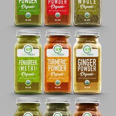 six jars of organic spices are shown in this graphic design, with different colors and flavors