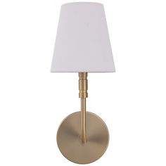 a gold wall light with a white shade