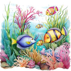 an underwater scene with fish and corals on the sea floor illustration for children's books