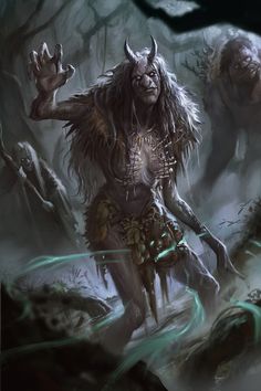 an illustration of a demon with horns and long hair in the middle of a forest