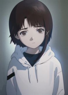 an anime character wearing a hoodie and looking at the camera while standing in front of a wall