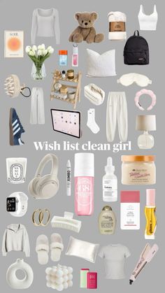 a bunch of items that are arranged in the shape of a circle with words wish list clean girl