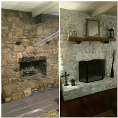 three different pictures of a stone fireplace in a living room